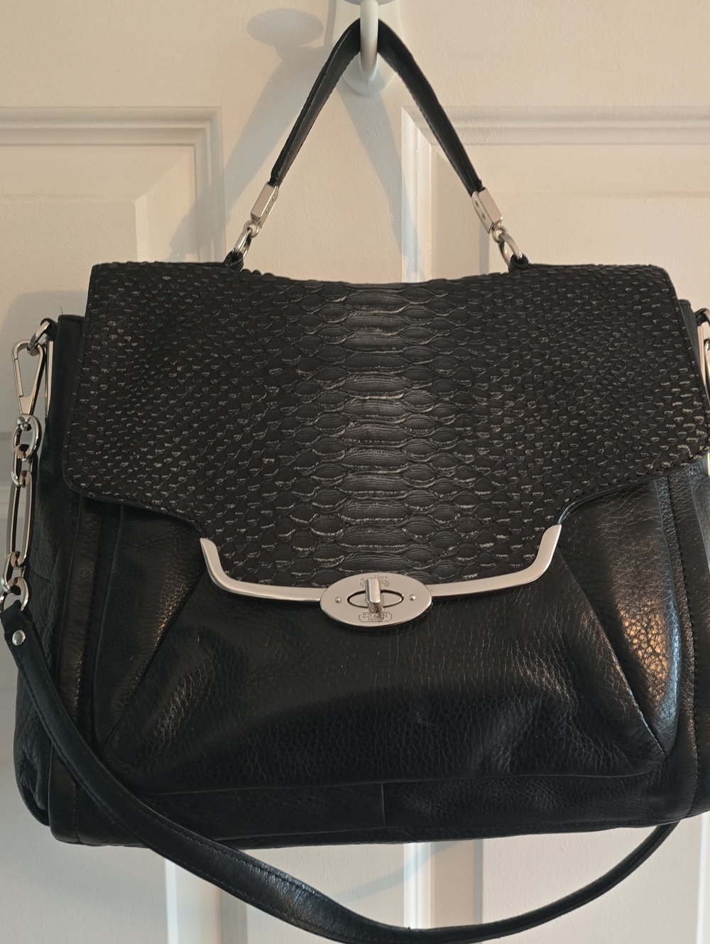 Vintage Rare Coach Black Textured Flap Satchel with Silver Hardware
